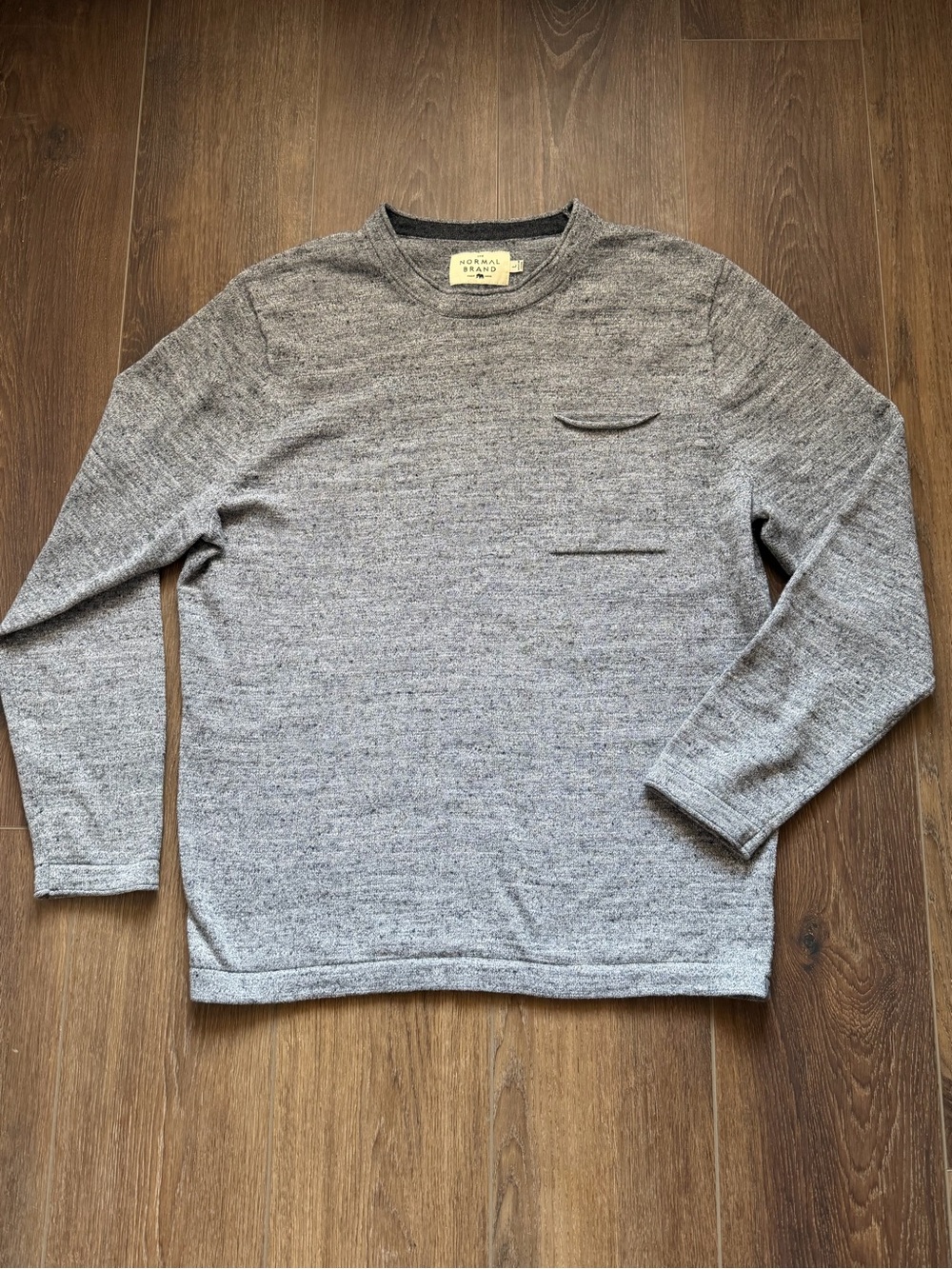The Normal Brand Men's Large Gray Marled Knit Crewneck Sweater Chest Pocket
